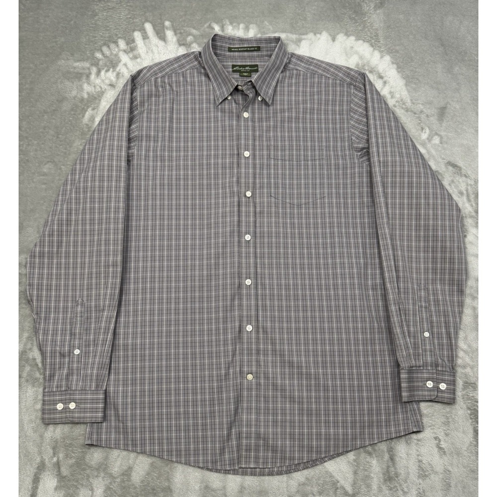 Eddie Bauer Shirt Mens Large Tall LT Gray Plaid Long Sleeve Button Down Outdoors